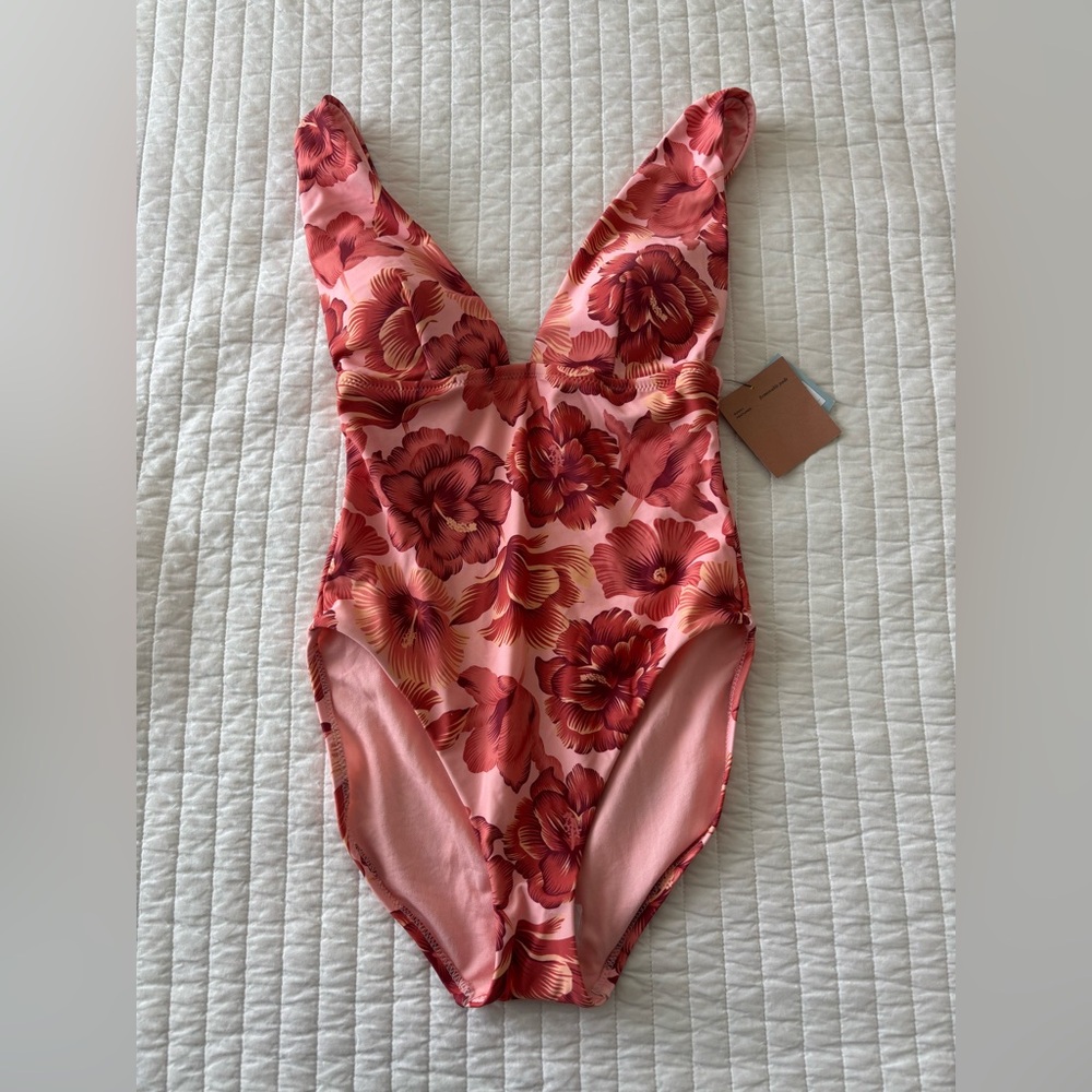 Shade & Shore Pink One-Piece Swimsuit with Red Floral Print